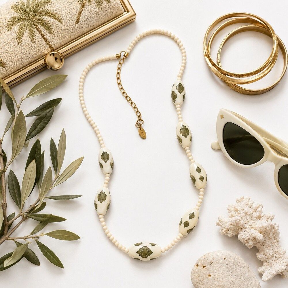 Chico's Ivory Beaded Necklace Green Inlay Long Layering Statement 45 Inch